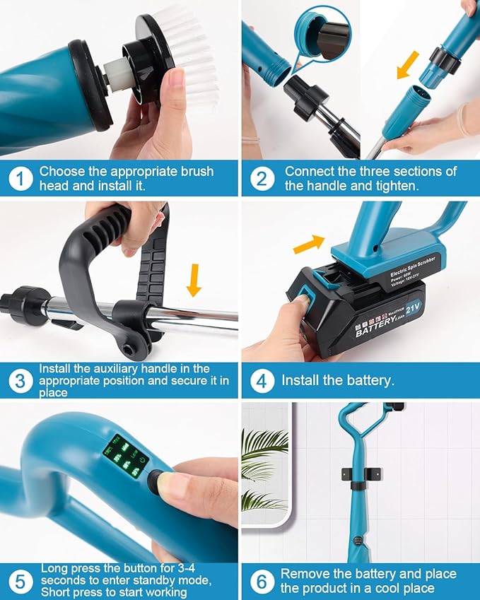 Updated 1500 RPM Battery Electric Spin Scrubber with Handle, 8 Replaceable Shower Scrubber & 2 Battery Powered Cleaning Brush with Display 3 Speed & Adjustable Handle Cordless Power Scrubber for Clean