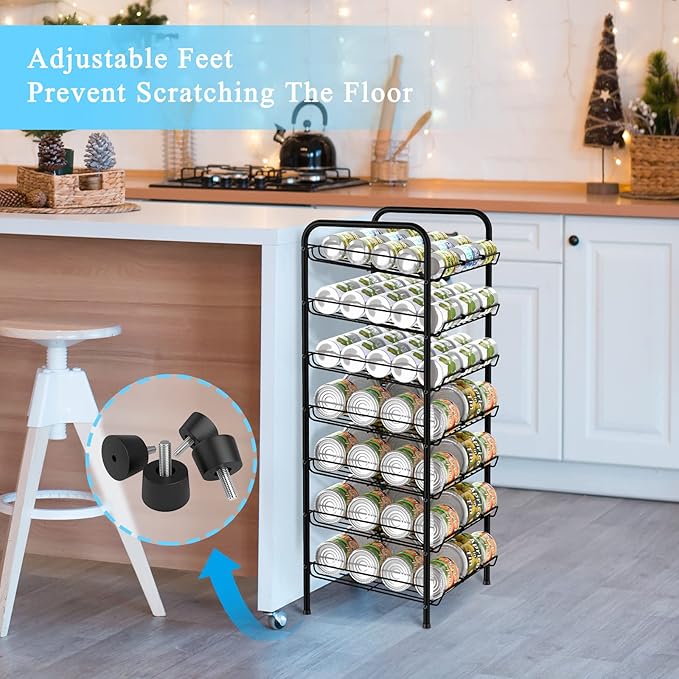 Vrisa Can Organizer for Pantry 7-tier Can Rack Organizer Metal Can Storage Dispenser Rack Holds up to 84 Cans for Canned Food Kitchen Cabinet or Pantry Shelf Black