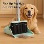 Pet Hair Broom and Dustpan Set, Self Cleaning Teeth No Hair Tangling, Heavy Duty 4 Layer Bristles, Long Handle Upright Sweep Set, Rubber Lip No Dust Left Behind for Home Floor Cleaning(Green)