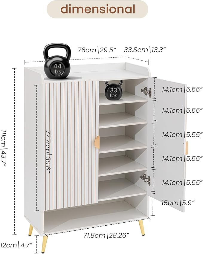 COSIEST 43" 7-Tier Shoe Cabinet with Doors, Wooden Shoe Storage Cabinet with Adjustable Shelves, Freestanding Shoe Rack Organizer for Entryway, Hallway, Closet, Living Room, White