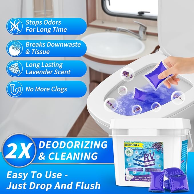 RV Toilet Treatment Drop Ins, Extra Strength Septic Tank Treatment & Cleaner, Waste Breakdown/Odor Control, RV Black Tank Treatment for RVs, Boats & Portable Toilets, Lavender Flavor, 50 Pack