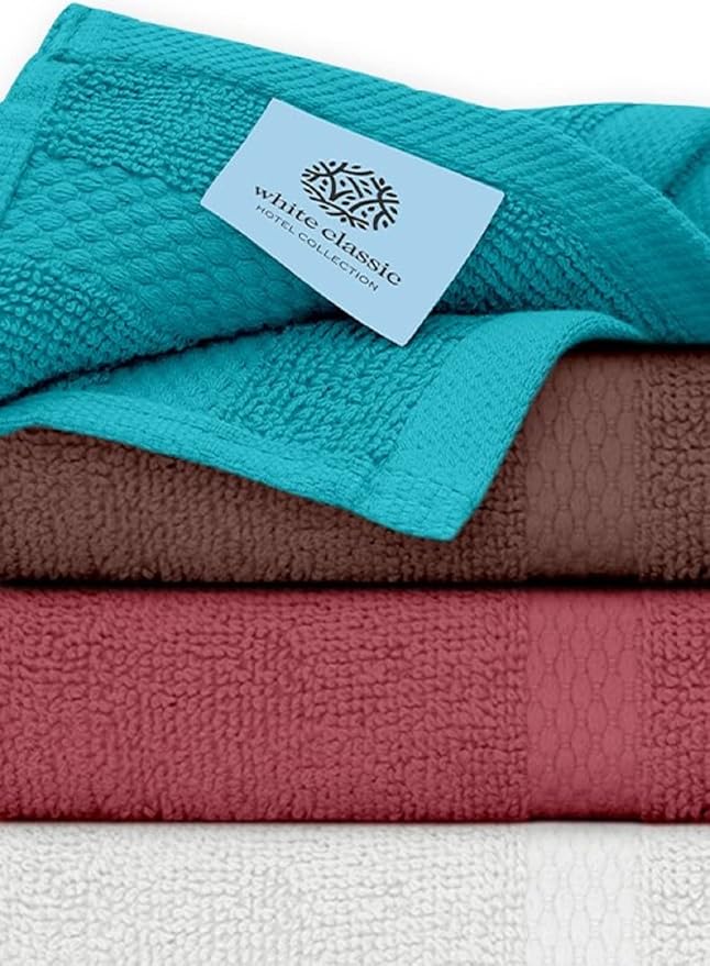 White Classic Luxury Cotton Washcloths 13x13 Inch - 650 GSM Turkish Cotton | Hotel, Spa, Bathroom Face Towel | 12 Pack, Multicolor