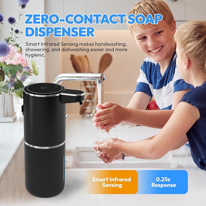 Automatic Foaming Soap Dispenser,Touchless Foam Soap Dispenser,12.8oz Rechargeabled Wall Mounted Smart for Bathroom and Kitchen Dish Soap,Easy for Toddlers(Black)