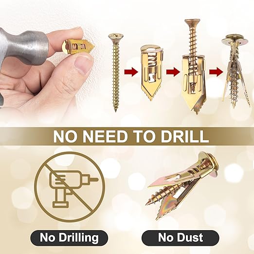40 Sets Self-Drilling Drywall Anchors, Zinc Plated Steel Screws and Anchors Kit Heavy Duty, No Drill or Holes in Wall, for Garden Statues, Patio Furniture, TV, Shelf Straps, Cabinets - 4 Sizes