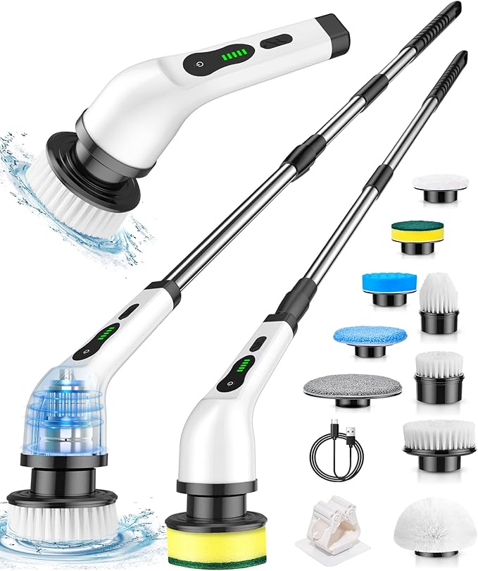 Electric Spin Scrubber, Cordless Cleaning Brush, Shower Scrubber with 9 Brush Heads 2H Power Dual Speed, Adjustable Extension Handle, IPX7 Waterproof for Tub Tile Floor Car, O-White