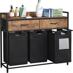 Mondeer Laundry Sorter with 2 Drawers, 150L with Pull-Out Removable Laundry Bags, Laundry Hamper Baskets with 3 Section and Wheels, Rustic Brown and Black