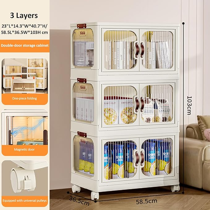 Multi-Purpose Stackable Plastic Storage Bins with Wheels & Lids - Space-Saving Foldable & Collapsible Organizers for Home, Pantry, Office, Dorm, Craft Room & Closet (3 Layers)