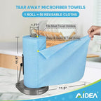 AIDEA Microfiber Cleaning Cloth Roll, 50PK, Blue Shop Towels Reusable Tear Away Paper Towels, Washable Shop Rags, Microfiber Towels for Cars, Lint Free Rags for House, Mechanic, Workshops, 11.5"×11.5"