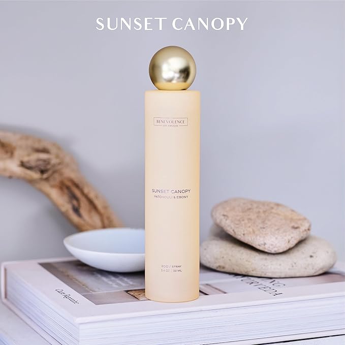 Benevolence LA Sunset Canopy Room Spray | Patchouli & Ebony | 3.4oz | Versatile Home Fragrance, Pillow & Linen Spray | Low VOC, No Alcohol | Malibu Sands Collection