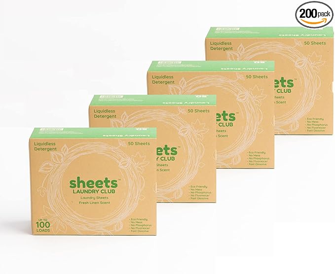 Sheets Laundry Club Laundry Detergent Sheets, 400 Loads - Fresh Linen Scent, Eco-Friendly, Quick-Dissolving Formula, Hypoallergenic, Septic Safe, Plastic-Free Packaging - 200 Sheets