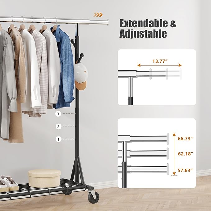 Gewudraw Garment Rack Load 530lbs,Heavy Duty Rolling Clothes Rack With Sturdy Wheel And Shelves, Adjustable Portable Hanging Rack For Clothes, Chrome Stainless Steel, Black