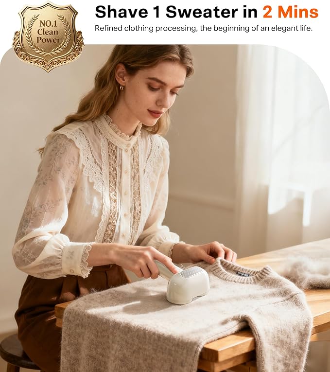 TORRAS Dual-Head Fabric Shaver, Longest Durability & 50ml Large Capacity Rechargeable Lint Removers to Remove Pills, 6-Leaf Blades Defuzzer, Electric Shaver for Clothes Couch Furniture, Pearl White