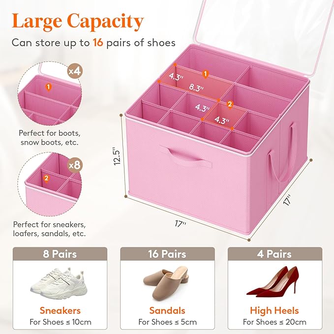 Lifewit 4 Pack Shoe Storage Organizer for Closet, Large Shoe Box Storage Containers with Clear Cover, Foldable Storage Bins Fit for Boots Fits 48-64 Pairs (Each 12-16 Pairs) Pink