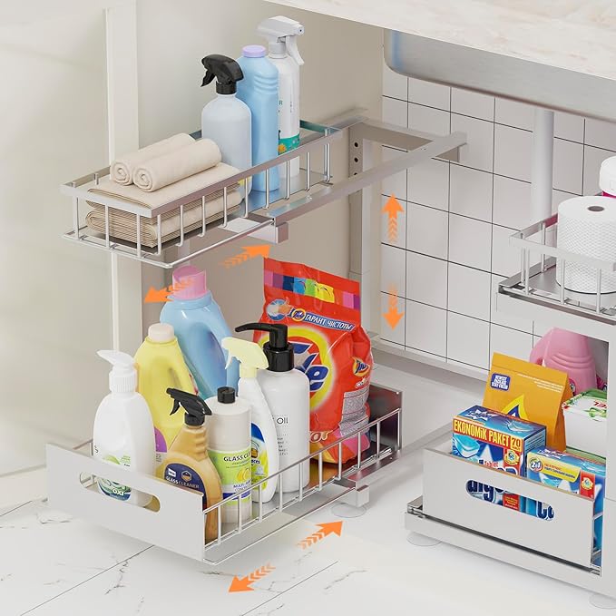 2 Pack Under Sink Organizer, 2-Tier Heavy Duty Metal Pull Out Cabinet Organizer Slide Out Sink Shelf Organizer Height Adustable, Multi-Purpose Storage Shelf for Kitchen Bathroom (Silver, 2 Pack)