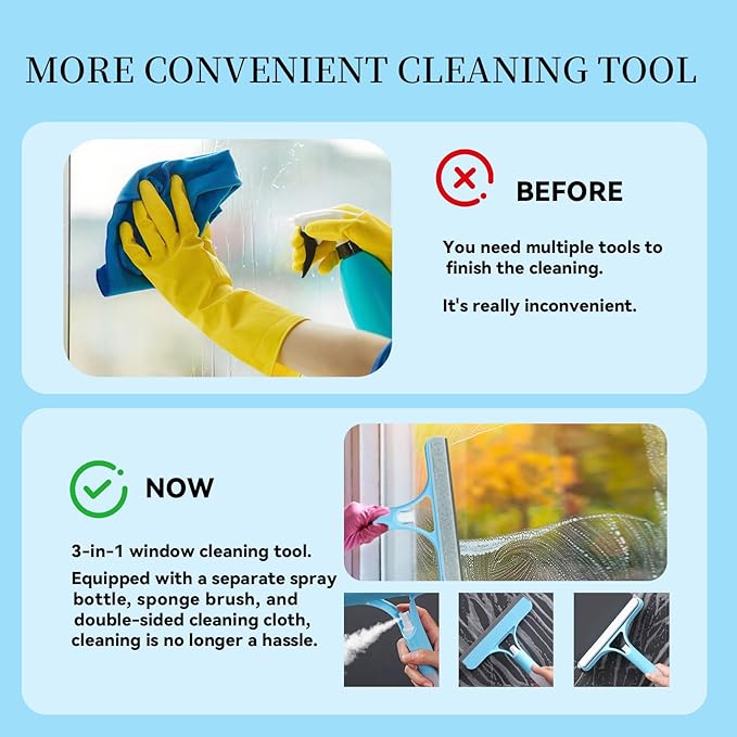 3 in 1 Window Cleaning Scraper,All-Purpose Spray Window Squeegee Cleaner Tool,for Glass Doors for Windows Glass, Mirrors Scraper, Brush (White)