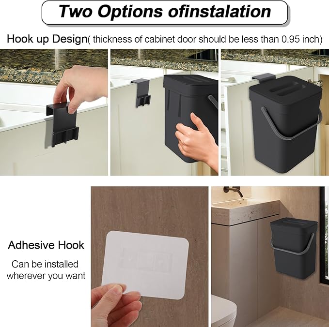 Compost Bin Kitchen, Bring 5 Rolls (100) of Garbage Bags, for Use on Countertops or Under Sinks, Hanging Trash Can with Lid, for Cupboard/Bathroom/Bedroom/Office/Camping(Black 1.3 Gallon/5L)