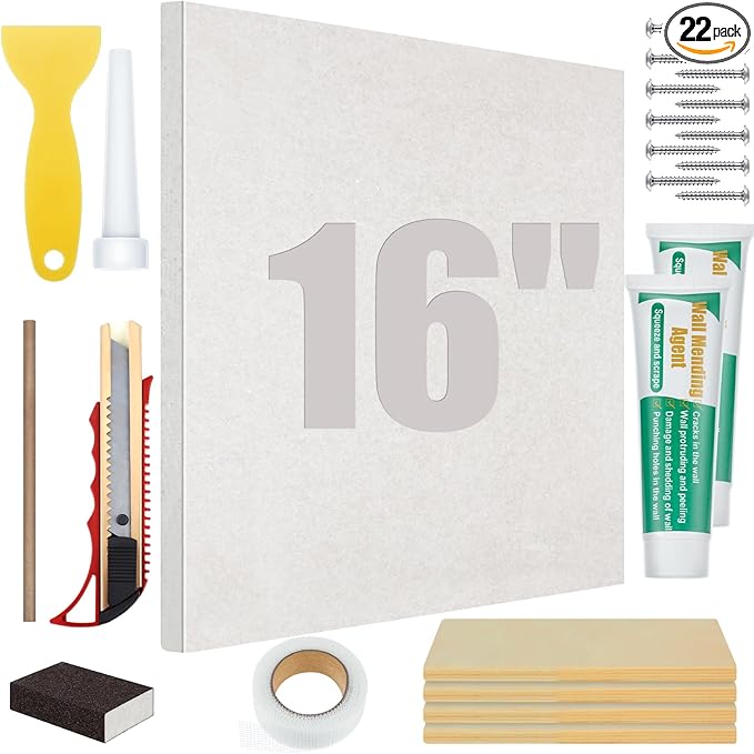 22 Pcs Drywall Repair Kit with 16x16x1/2" Drywall Repair Panel, Sheetrock Hole Patch Kit with Wall Patching Paste, Sanding Block, Putty Knives, to Fill Large Holes for Home Wall Surface Ceiling
