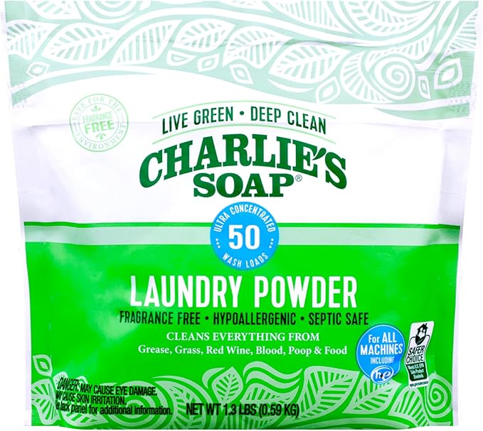 Charlie’s Soap Laundry Powder (50 Loads, 1 Pack) Hypoallergenic Deep Cleaning Washing Powder Detergent – Eco-Friendly, Safe, and Effective