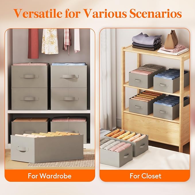 Lifewit 4 Pack Clothes Organizer, 6 Grids Closet Jean Storage Bins with Handles and Support Boards, Foldable Drawer Organizer for Sweater, Pants, T-shirt, Dress, Grey, Size 16.5''x10.6''x7.1''
