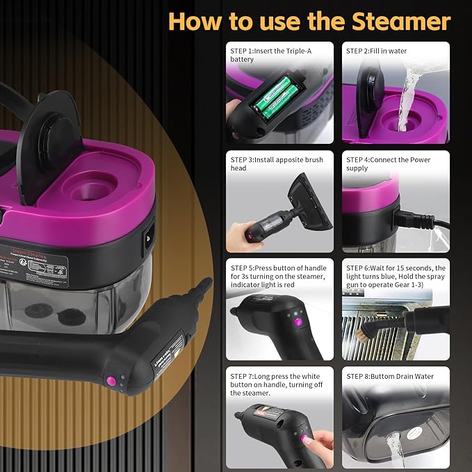 Steam Cleaner, 3-Level Adjustable Handle, 15s Heat-Up, 1.69 Quarts Tank, Portable Steamer for Cleaning with 10 Accessories, Steam Cleaner for Home for Dirt (Purple)