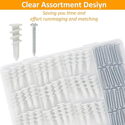 Self Drilling Drywall Anchors - 104Pcs Dry Wall Anchors and Screws Kit for Drywall,52 Self-Tapping/Threaded Plastic Sheetrock Anchors + 52#8 x 1-1/4'' Screws, Heavy Duty 75LB Hanging