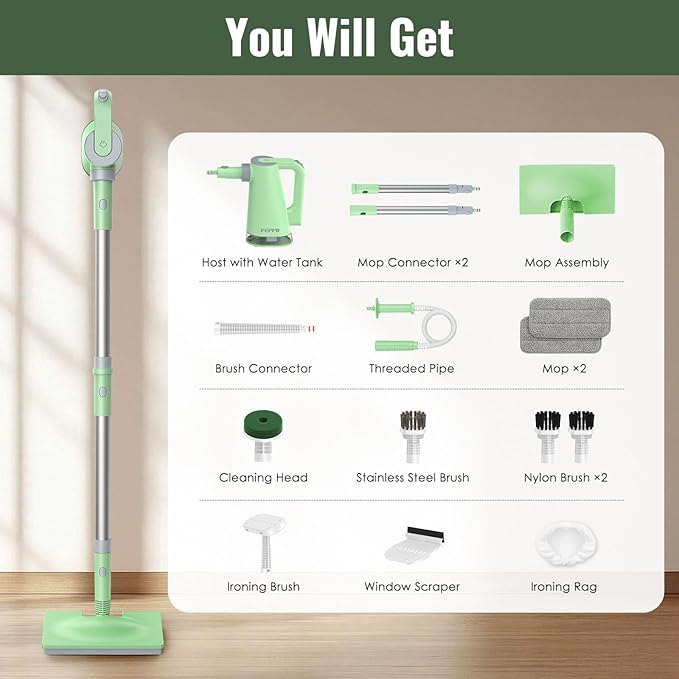 FEPPO Steam Mop with Detachable Handheld Steam Cleaner for Home and Floor Cleaning, 10-in-1 Multi-purpose Attachments & 2 Pads, Powerful Steamer for Floors, Hardwood, Tiles,Grout,Windows,Kitchen,Bath