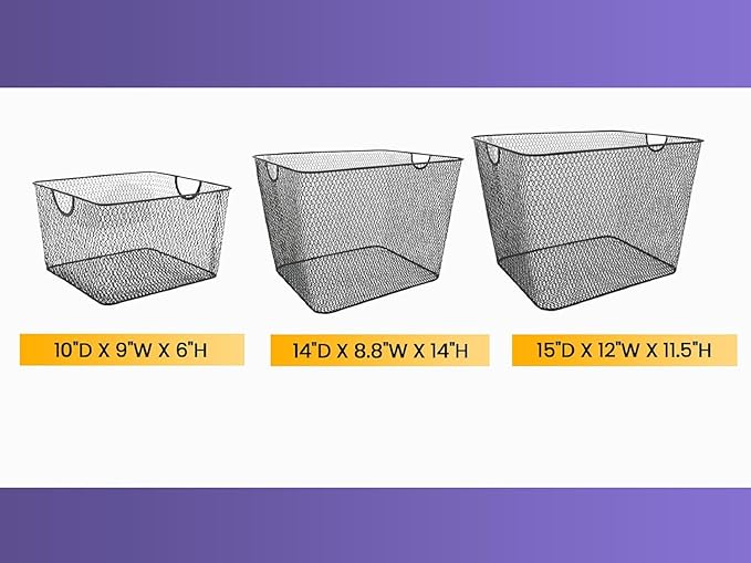 YBM HOME Kitchen Pantry Organizer Wire Baskets for Shelves, Cabinets, Pantry, Countertop, Mesh Open Storage Bin Metal Basket for Organizing Food Supplies, 3 Pack, 14.5x9.25x7