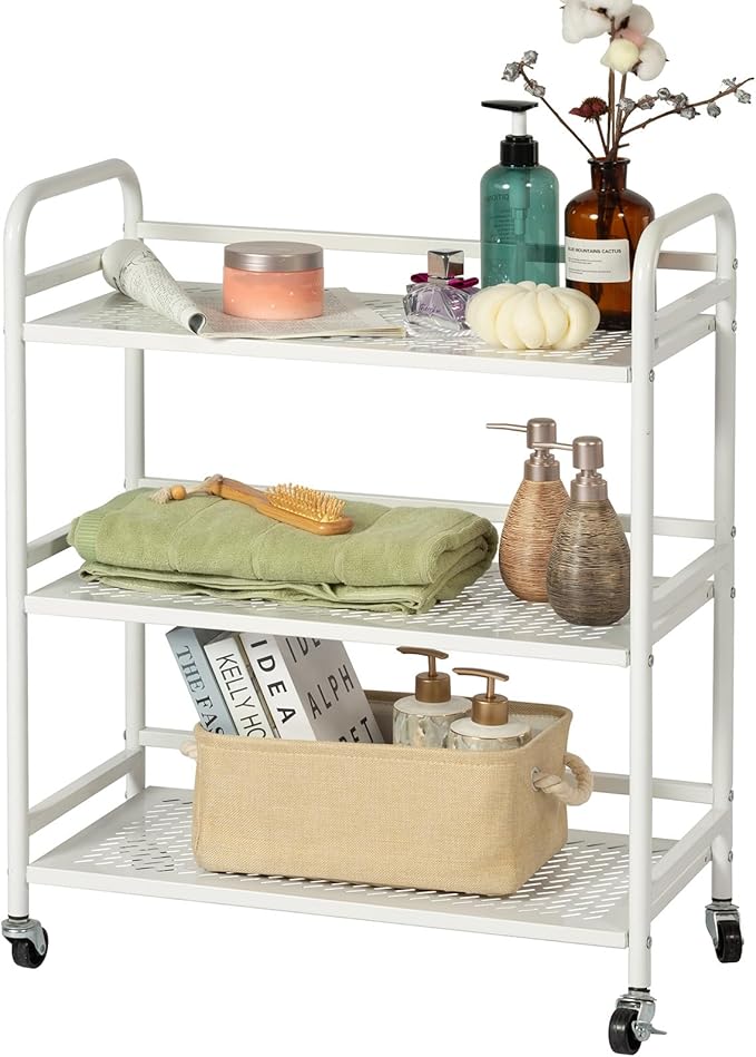 HDANI 3 Tier Metal Rolling Heavy Cart Supports 40 Lbs Per Tier,Rolling Cart with 2 Lockable Wheels for Office,Home,Bedroom,Kitchen,Bathroom(White)…