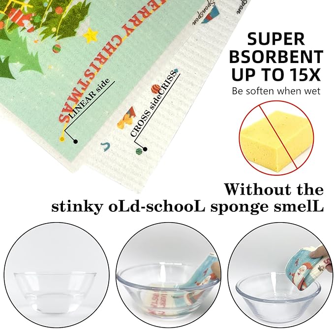 6 - Pack Swedish Kitchen Dish Cloths - Reusable Paper Towels for Counters & Dishes - Eco Friendly Cellulose Sponge Cloth - Assorted (Xmas)