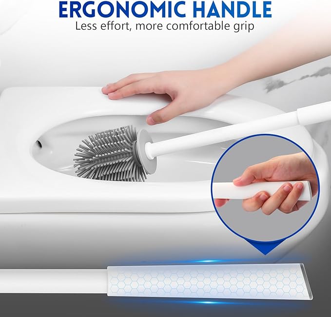 Toilet Brush and Holder Set, Silicone Toilet Bowl Brush, Bathroom Accessories, Durable Toilet Scrubber Bristles, Compact Size for RV, Wall Mountable, Drip-Proof, Deep Cleaning. (White)