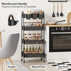 4 Tier Black Metal Rolling Cart with Lockable Wheels and Cups, Four Tiered Utility Storage Organizer on Wheels for Bathroom, Kitchen, Laundry, Garage, Office, Craft, Art, Baby Diaper, Snacks, Books