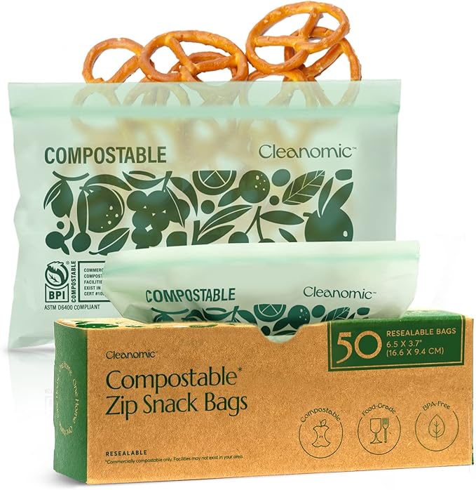 Cleanomic Compostable* Snack Size Food Storage Bags (50 Eco Zip) Freezer and Leak Proof, Also Available Gallon, Quart and Sandwich Size Bags