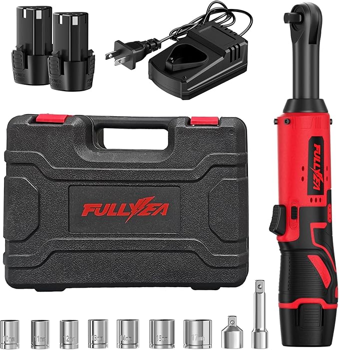 Electric Ratchet Wrench Set,12V Cordless Ratchet Wrench 3/8", 400 RPM Power Ratchet Tool Kit with LED Light, 7 Sockets, 1/4" adapter, 2 Packs 2000mAh Lithium-Ion Battery and Fast Charger