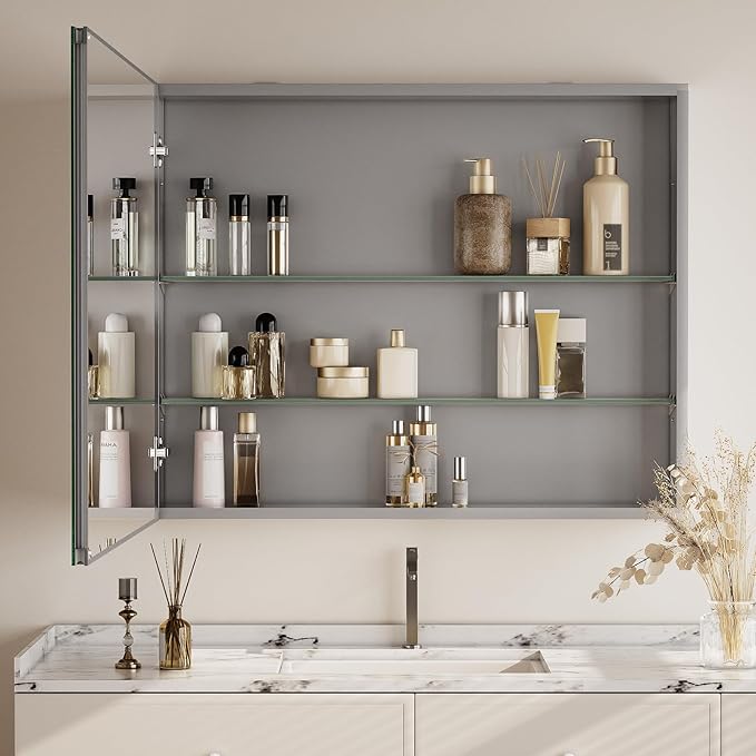 Bathroom Medicine Cabinet Mirror with Storage, 16 Inch x 24 Inch Silver Medicine Cabinet with Single Door & Adjustable Shelves for Vanity, Aluminum Surface, Wall-Mount or Recessed