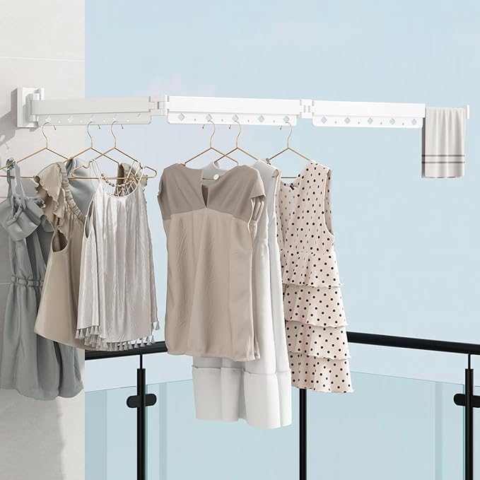 Clothes Drying Rack, Laundry Drying Rack Wall Mount for Bathroom, Retractable and Foldable Clothes Hanging Rack for Indoor, Space Saver for Laundry Room, Balcony, Closet, Bedroom(3-Fold),White