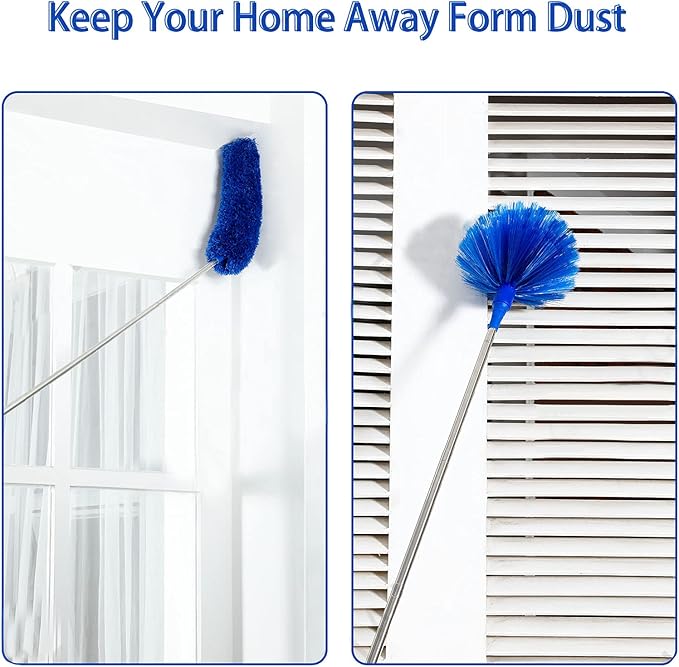 Duster, Microfiber Dusters with 2 Handle Sets, Durable 15-100 Inches Long Telescopic Rod, Washable, Feather Dusters for Cleaning Cobweb and Ceilings Fans, 5 Pack (Blue)