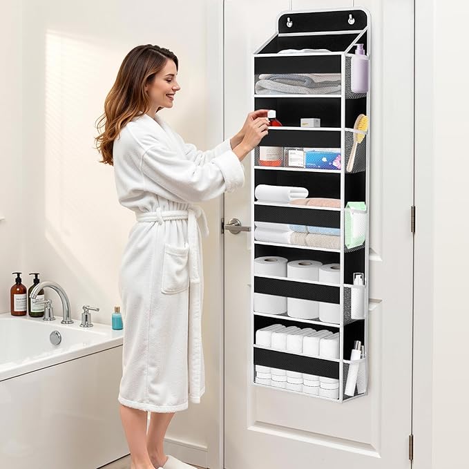 WISELIFE Over The Door Organizer - 5 Shelves Large Capacity Hanging Bedroom Storage Solution with Side Pockets for Dorm Bathroom Pantry Nursery and Baby Essentials Holds up to 40 Lbs (Black)