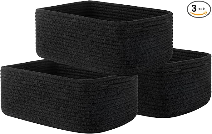 Small Woven Basket, 13.5 x 9.5 x 5 Inches, Storage Basket for Organizing, Cute Small Rope Shelf Closet Cube Storage Bins Baskets for Shelves, Dog Toy Gift Baskets Empty, 3 Packs, Black