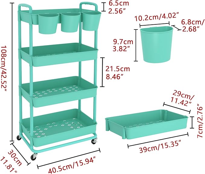 JIUYOTREE 4-Tier Plastic Rolling Storage Cart Utility Cart with Extra Hanging Cups Handles Lockable Wheels for Living Room Bathroom Kitchen Office Green