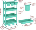 JIUYOTREE 4-Tier Plastic Rolling Storage Cart Utility Cart with Extra Hanging Cups Handles Lockable Wheels for Living Room Bathroom Kitchen Office Green