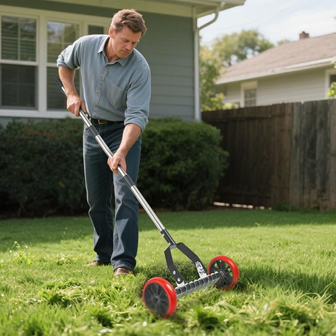 Uranshin Lawn Thatch Rake with Wheels, Dethatching Roller Rake for Lawn Care, Sturdy Stainless Steel Blades Tines, Heavy Duty Yard Lawn Thatch Remover for Moss, Grass Clippings, Leaves & Debris