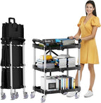 Foldable Rolling Cart, 3 Tier Folding Utility Service Carts with Wheels Lockable Handles for Women No Assembly Storage School Restaurant Warehouse Garage 180LBS Capacity