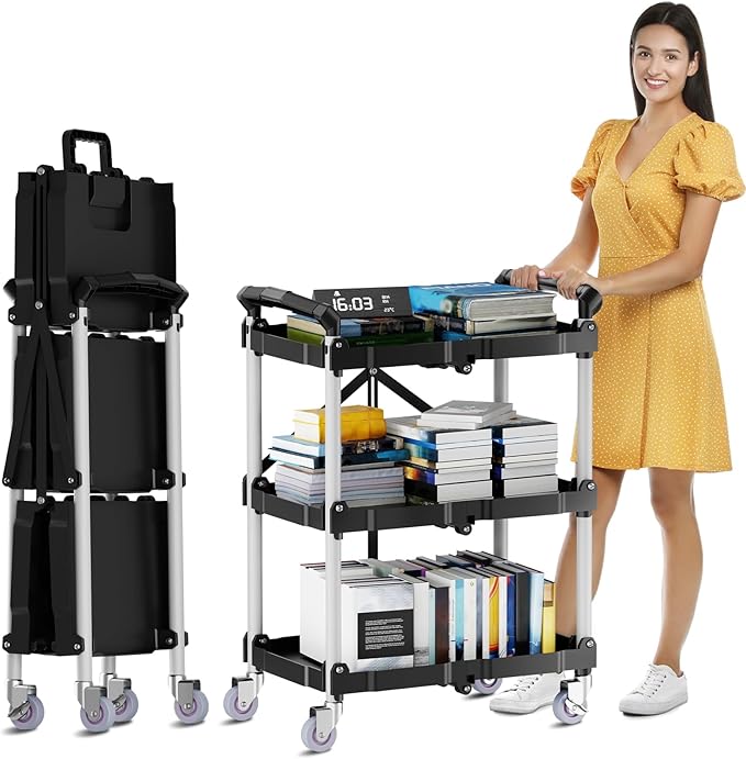 Foldable Rolling Cart, 3 Tier Folding Utility Service Carts with Wheels Lockable Handles for Women No Assembly Storage School Restaurant Warehouse Garage 180LBS Capacity