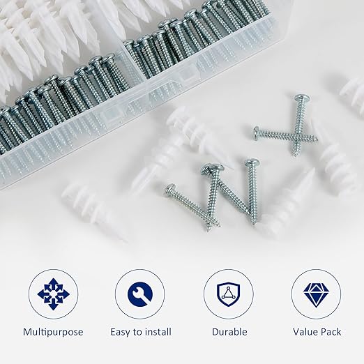 Wall Anchors, Drywall Anchors and Screws Kit #8 100PCS Self Drilling Drywall Anchor and Screws for Drywall, Sheetrock, Plaster Wall Hanging and Mounting 50-75lbs(50 Pairs)