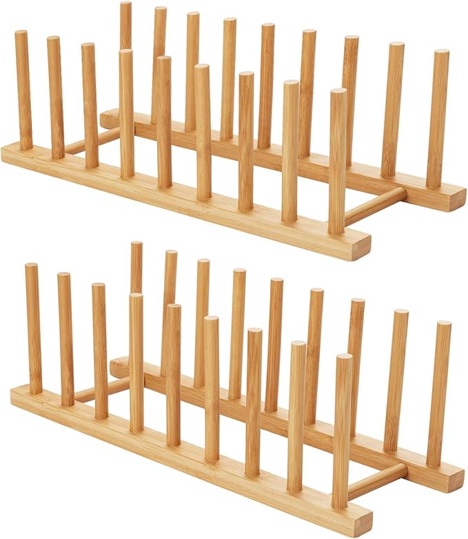 HBlife 2pcs Bamboo Dish Plate Bowl Cup Book Pot Lid Cutting Board Drying Rack Stand Drainer Storage Holder Organizer Kitchen Cabinet（Keep Dry）