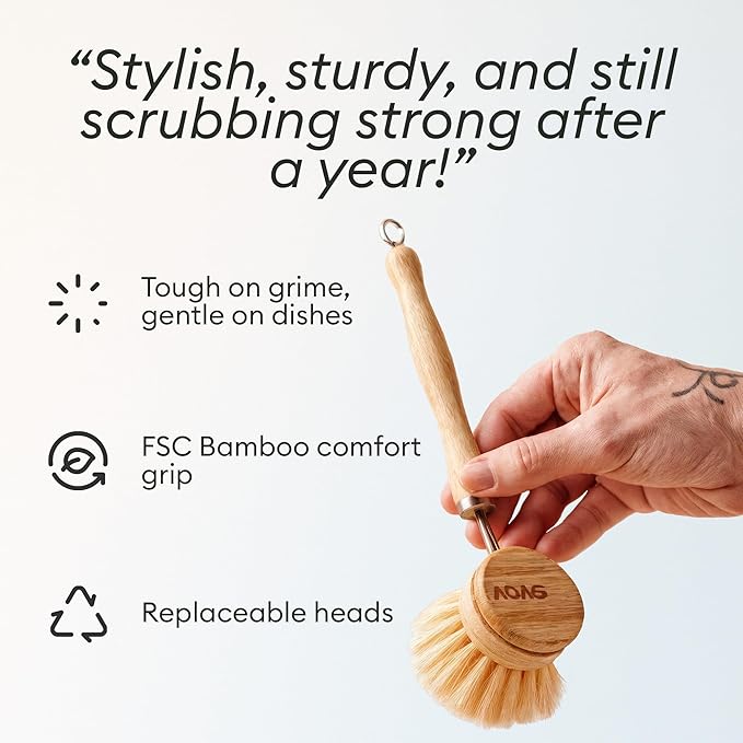 Vove Dish Brush Bundle - FSC-Certified Bamboo Dish Brush & Scrub Brush, 3 Replacement Heads - Natural Fiber Bristles - Non-Toxic, Plastic-Free Kitchen Set