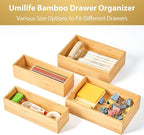 Umilife Bamboo Kitchen Utensils Organizer, Extra High Silverware Drawer Holder, Flatware Cutlery Storage Box, Multi-Use Drawer Divider in Office, Bathroom, Pantry - 12"x6"x2.5" (Set of 2)
