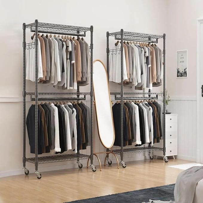 BATHWA Clothes Rack Rolling Narrow 2 tier Garment Rack for Hanging Clothes， Space Saving Portable Clothing Rack with Wheels and Double Rods 8 Hangers, Adjustable, Black