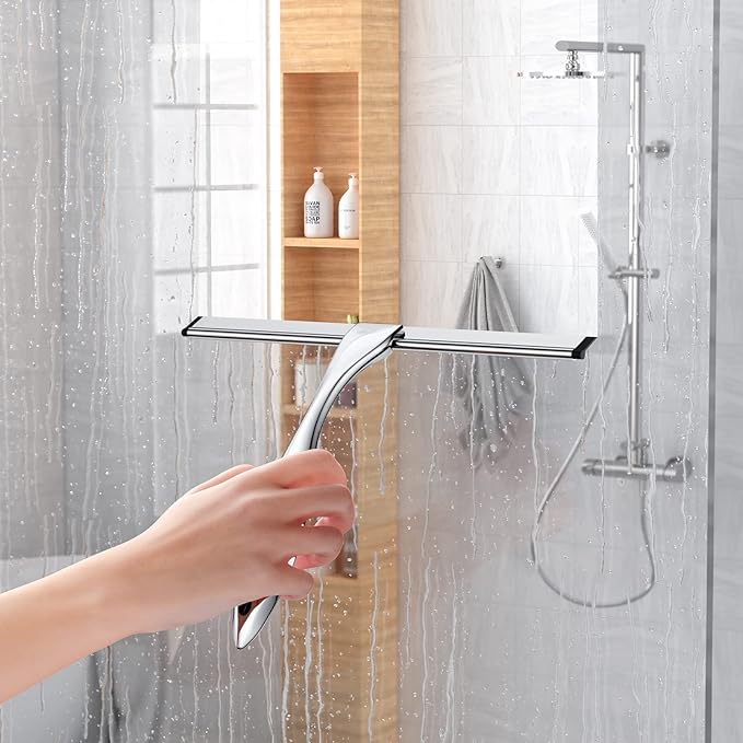 Shower Squeegee Set, 14-Inch Stainless Steel Squeegee, All-Purpose Squeegee for Bathroom, Shower Doors, Mirrors, Tiles, and Car Windows - 100% Streak Free, Includes Shower Door Hook and Adhesive Hook