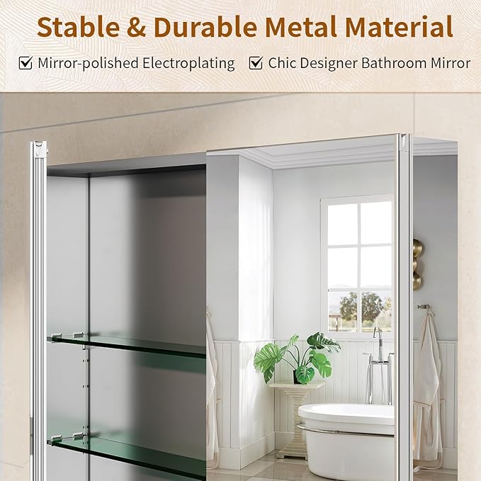 BEAUTYPEAK Bathroom Medicine Cabinet Mirror with Storage, 40 Inch x 26 Inch Silver Medicine Cabinet with Double Door & Adjustable Shelves for Vanity, Tempered, Aluminum Surface, Wall-mount or Recessed